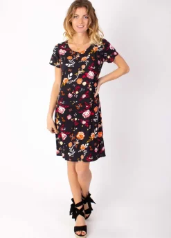 Store Coton Du Monde Robe courte fluide NATALIA manches courtes imprimé fleuri noir 28 Noir