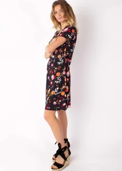 Store Coton Du Monde Robe courte fluide NATALIA manches courtes imprimé fleuri noir 28 Noir