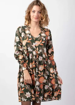 Store Coton Du Monde Robe courte hiver babydoll AURELIA motif fleuri kaki Arty