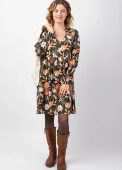 Store Coton Du Monde Robe courte hiver babydoll AURELIA motif fleuri kaki Arty