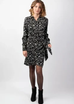 Outlet Coton Du Monde Robe courte hiver manches longues RIANA coupe portefeuille noir Orient