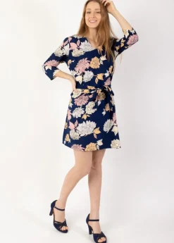 Flash Sale Coton Du Monde Robe courte manches 3/4 fluide LEYLA imprimé fleuri bleu Blossom