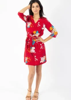 Hot Coton Du Monde Robe courte manches 3/4 fluide LEYLA imprimé fleuri rouge Volupte