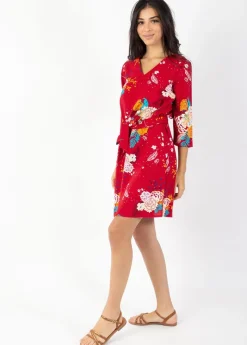 Hot Coton Du Monde Robe courte manches 3/4 fluide LEYLA imprimé fleuri rouge Volupte