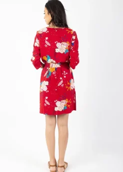 Hot Coton Du Monde Robe courte manches 3/4 fluide LEYLA imprimé fleuri rouge Volupte