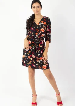 Best Sale Coton Du Monde Robe courte manches 3/4 fluide LEYLA imprimé fleuri noir 28 Noir