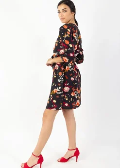 Best Sale Coton Du Monde Robe courte manches 3/4 fluide LEYLA imprimé fleuri noir 28 Noir