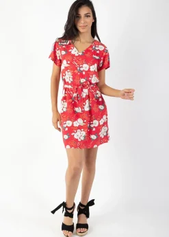 Online Coton Du Monde Robe courte manches courtes col V SERENA  fleurie rouge Bouquet Rouge