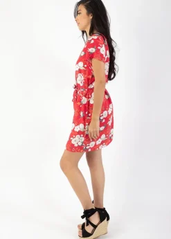 Online Coton Du Monde Robe courte manches courtes col V SERENA  fleurie rouge Bouquet Rouge