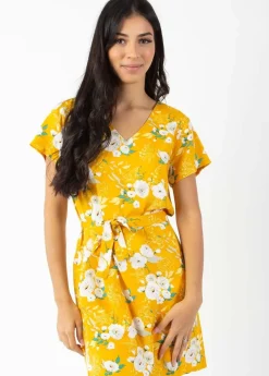 Shop Coton Du Monde Robe courte manches courtes col V SERENA  fleurie jaune Bouquet Jaune