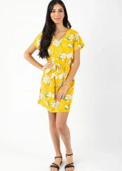 Shop Coton Du Monde Robe courte manches courtes col V SERENA  fleurie jaune Bouquet Jaune