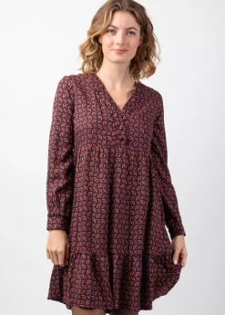 Best Coton Du Monde Robe courte manches longues en viscose épais FLORA motif ethnique prune Envolee Prune