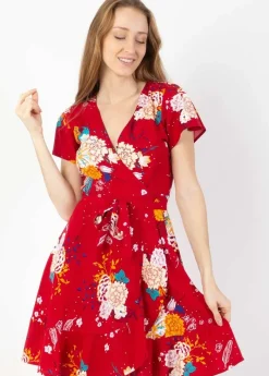 Cheap Coton Du Monde Robe courte MARIKA fluide cache-cœur fleurie rouge Volupte