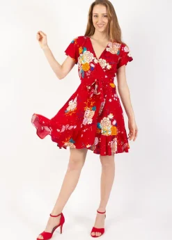 Cheap Coton Du Monde Robe courte MARIKA fluide cache-cœur fleurie rouge Volupte