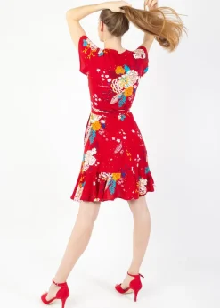 Cheap Coton Du Monde Robe courte MARIKA fluide cache-cœur fleurie rouge Volupte