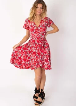 Best Sale Coton Du Monde Robe courte MARIKA fluide cache-cœur fleurie rouge 8 Rouge