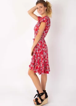 Best Sale Coton Du Monde Robe courte MARIKA fluide cache-cœur fleurie rouge 8 Rouge