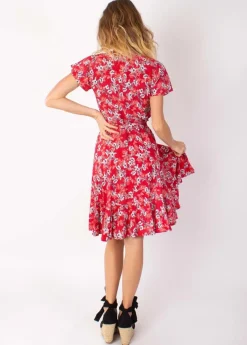 Best Sale Coton Du Monde Robe courte MARIKA fluide cache-cœur fleurie rouge 8 Rouge