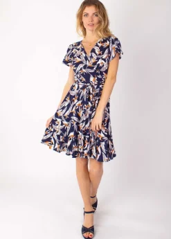 Outlet Coton Du Monde Robe courte MARIKA fluide cache-cœur imprimé fleur de paradis 14 Marine