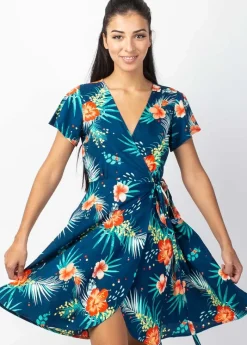 Best Coton Du Monde Robe courte MARIKA fluide cache-cœur imprimé fleurs tropicales Maui