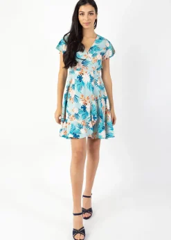 Hot Coton Du Monde Robe courte MARIKA fluide cache-cœur imprimé fleurs exotiques Exotique Menthe