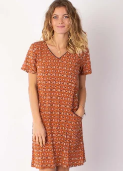 Best Coton Du Monde Robe fluide à manches courtes PRECILIA imprimé ethnique camel 29 Camel