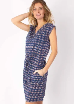 Online Coton Du Monde Robe fluide avec lien ajustable ELVIRA imprimé ethnique marine 29 Marine