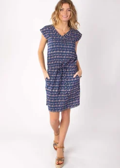 Online Coton Du Monde Robe fluide avec lien ajustable ELVIRA imprimé ethnique marine 29 Marine