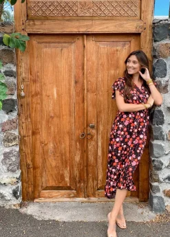 Cheap Coton Du Monde Robe longue à volants KENDRA imprimé fleurs de cerisier noir Cherry Noir