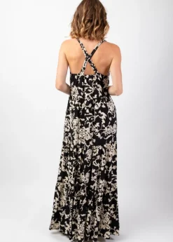 Best Coton Du Monde Robe longue bohème fines bretelles torsadées MONICA motif ethnique noir Palua Noir