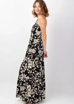 Best Coton Du Monde Robe longue bohème fines bretelles torsadées MONICA motif ethnique noir Palua Noir