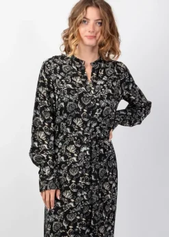 Discount Coton Du Monde Robe longue chemise hiver motif ethnique LINA noir Orient