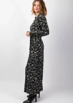 Discount Coton Du Monde Robe longue chemise hiver motif ethnique LINA noir Orient