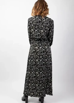 Discount Coton Du Monde Robe longue chemise hiver motif ethnique LINA noir Orient