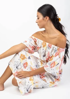 Shop Coton Du Monde Robe longue chic DALIA col bardot imprimé fleuri blanc Althea