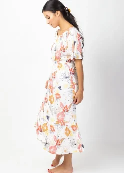 Shop Coton Du Monde Robe longue chic DALIA col bardot imprimé fleuri blanc Althea