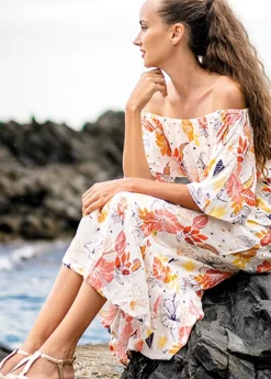 Shop Coton Du Monde Robe longue chic DALIA col bardot imprimé fleuri blanc Althea