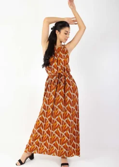 Cheap Coton Du Monde Robe longue col licou FRIDA imprimé ethnique orange Savane Orange