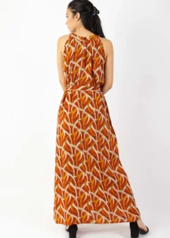 Cheap Coton Du Monde Robe longue col licou FRIDA imprimé ethnique orange Savane Orange