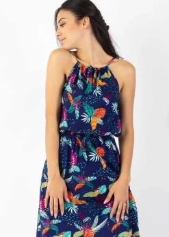 Online Coton Du Monde Robe longue col licou NAYA imprimé tropical bleu Rio Bleu
