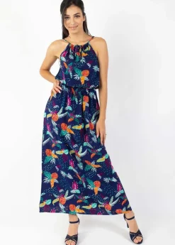 Online Coton Du Monde Robe longue col licou NAYA imprimé tropical bleu Rio Bleu