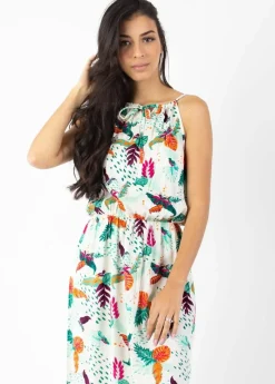 Shop Coton Du Monde Robe longue col licou NAYA imprimé tropical blanc Rio Blanc