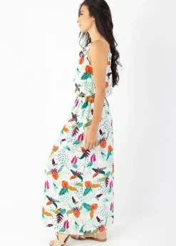 Shop Coton Du Monde Robe longue col licou NAYA imprimé tropical blanc Rio Blanc