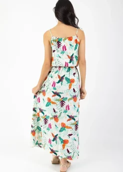 Shop Coton Du Monde Robe longue col licou NAYA imprimé tropical blanc Rio Blanc