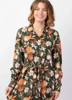 Hot Coton Du Monde Robe longue en viscose épais kaki VAIANA motif fleuri coloré Arty