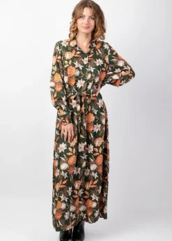 Hot Coton Du Monde Robe longue en viscose épais kaki VAIANA motif fleuri coloré Arty