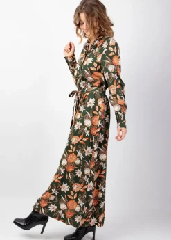 Hot Coton Du Monde Robe longue en viscose épais kaki VAIANA motif fleuri coloré Arty