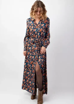 Clearance Coton Du Monde Robe longue en viscose épais bleu VAIANA motif feuillage automnal Tylia