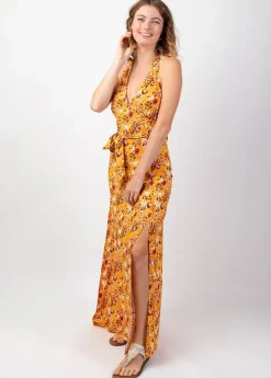 Discount Coton Du Monde Robe longue femme plage SORAYA dos nu jaune Joy