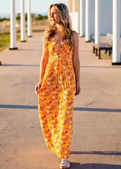 Online Coton Du Monde Robe longue femme été fluide GLORIA imprimé fleurs sur fond jaune Joy